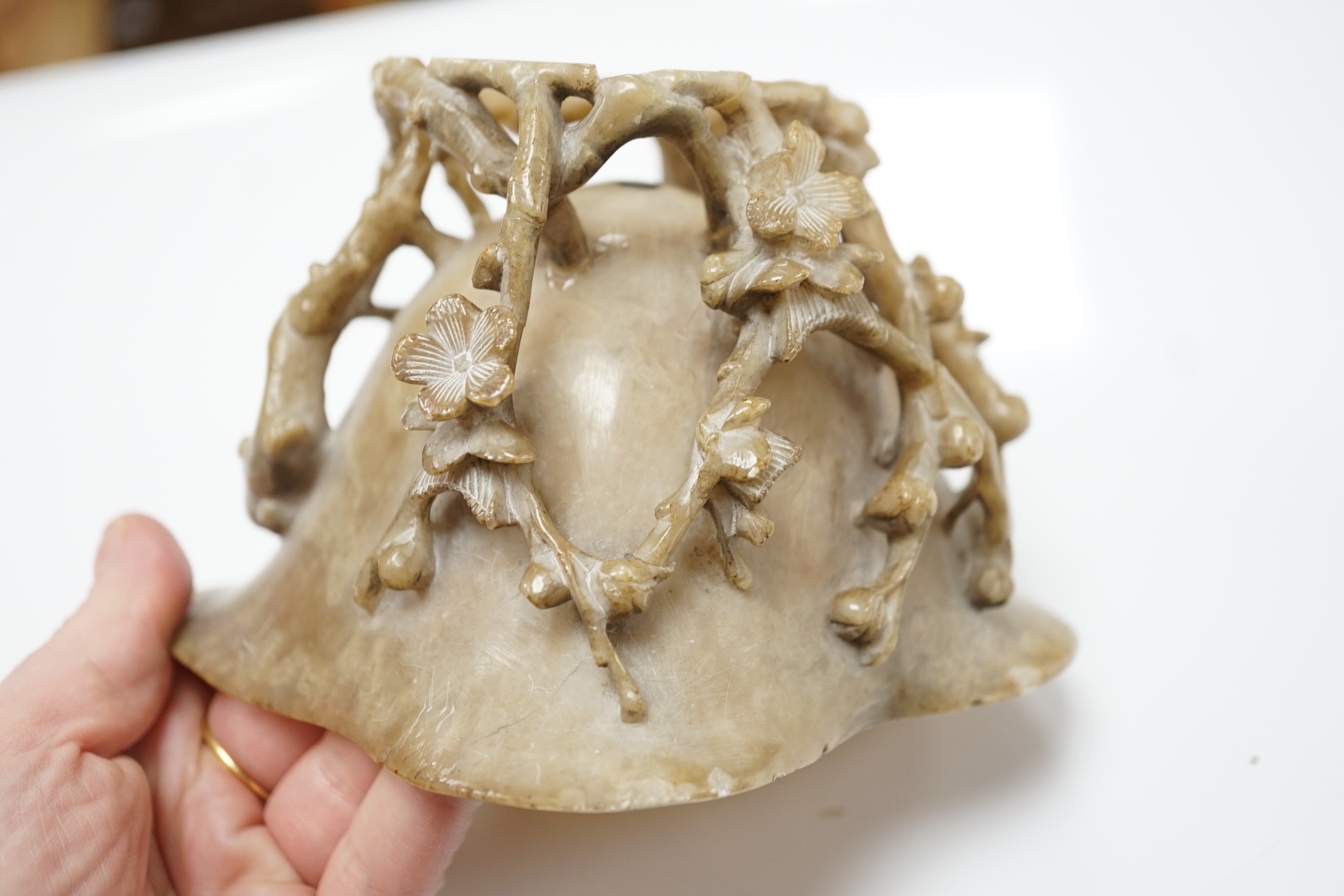 A Chinese carved soapstone libation cup, late 19th century and an elm cased inkstone